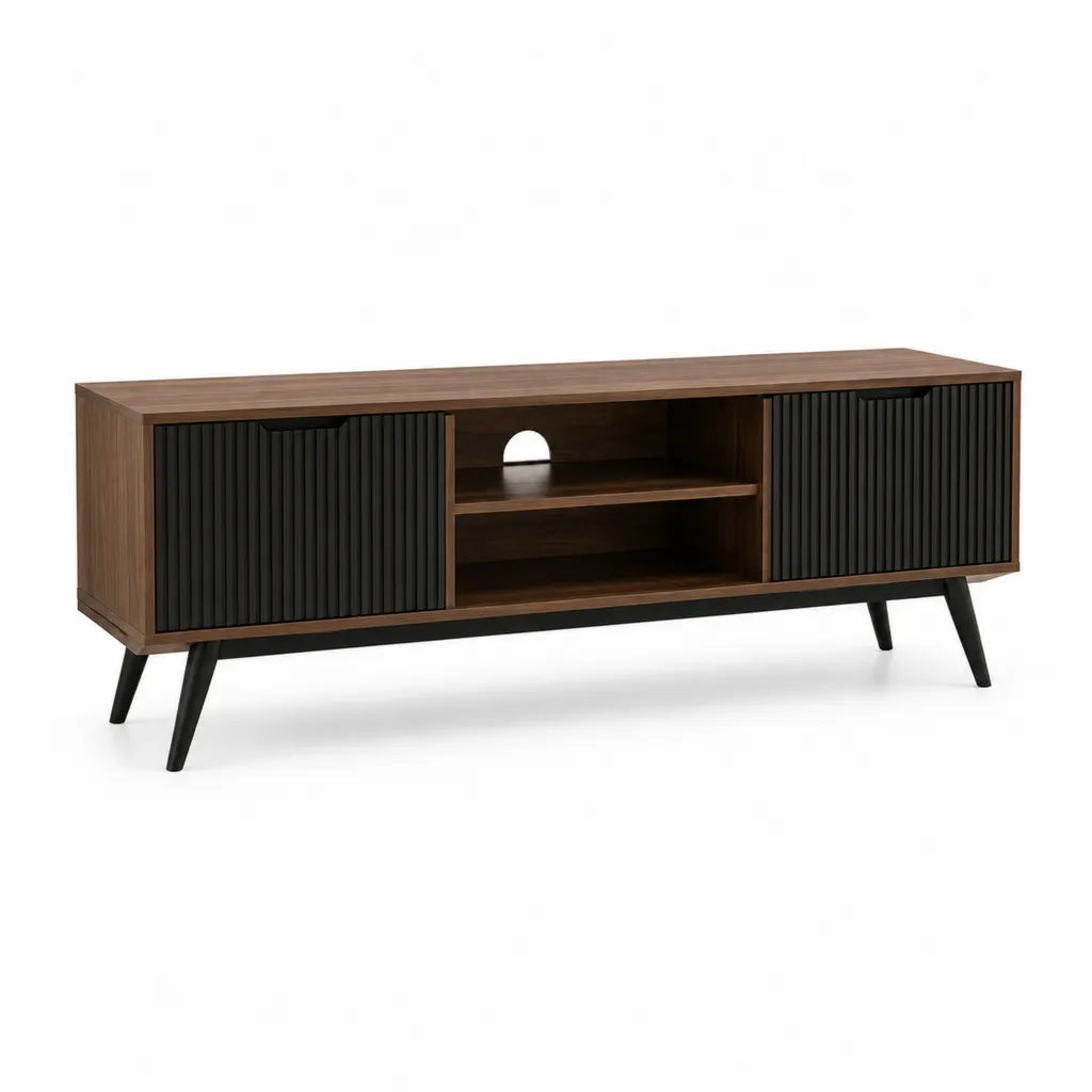 TV-Lowboard mit Schiebetüren 160 x 40 x 55 cm MDF mit Walnussfurnier rechteckig Braun Schwarz