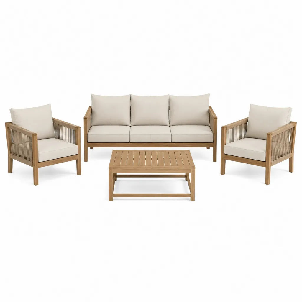 4-teiliges Gartensofa Set mit 3-Sitzer Sofa 2 Sesseln und Couchtisch aus Akazien-Massivholz mit Polyesterkordel und beigen Polstern 190 x 76 x 76 cm