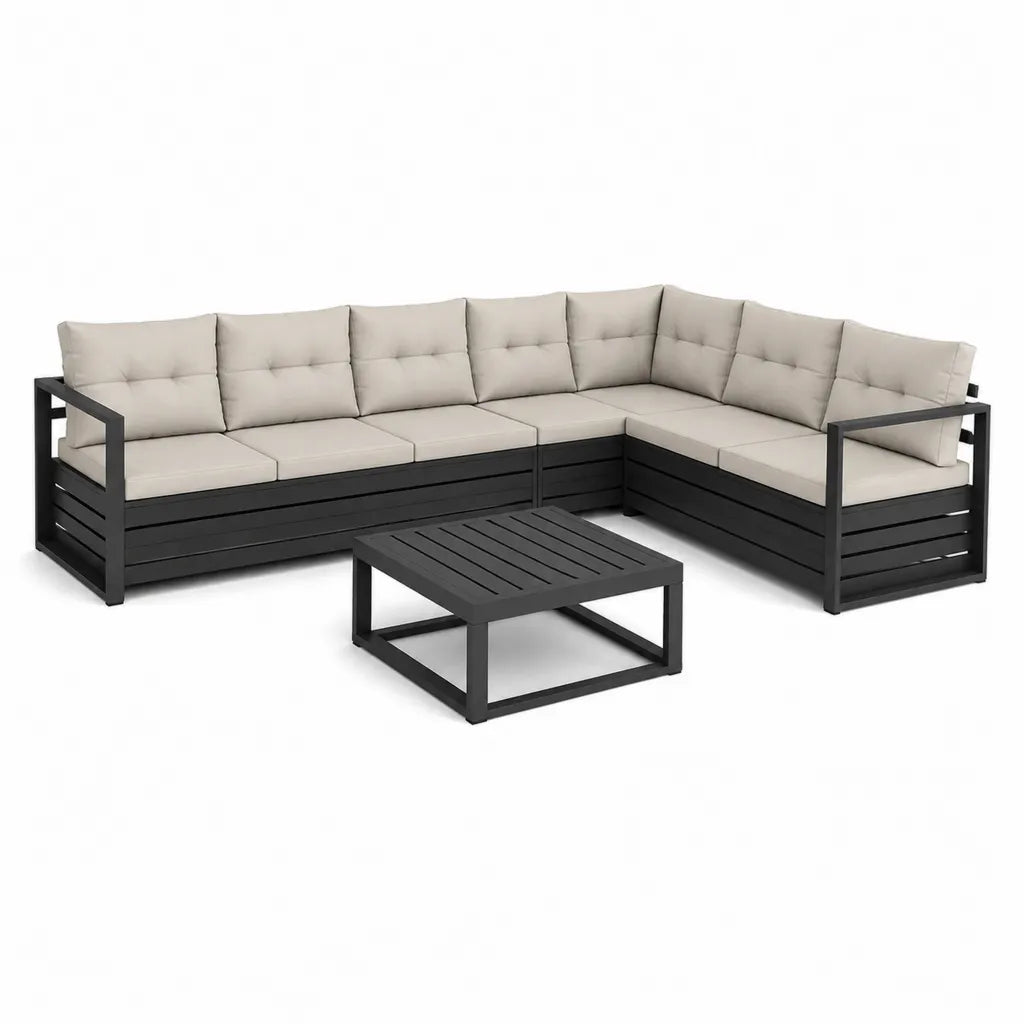 Gartenlounge Set Ecksofa L-Form mit Couchtisch 217 x 217 x 65 cm Aluminium Polyester Beige Schwarz Tisch 70 x 70 x 35 cm
