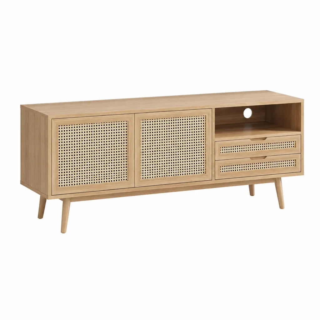 TV Lowboard 160 x 40 x 60 cm rechteckig aus MDF mit Eichenholzdekor und Rattangeflecht Natur
