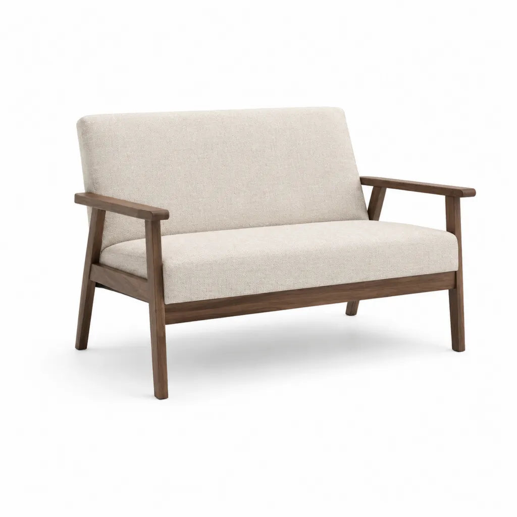 2-Sitzer Sofa mit Armlehnen aus Gummibaum-Massivholz und Polyester in Beige Braun 120 x 75 x 80 cm