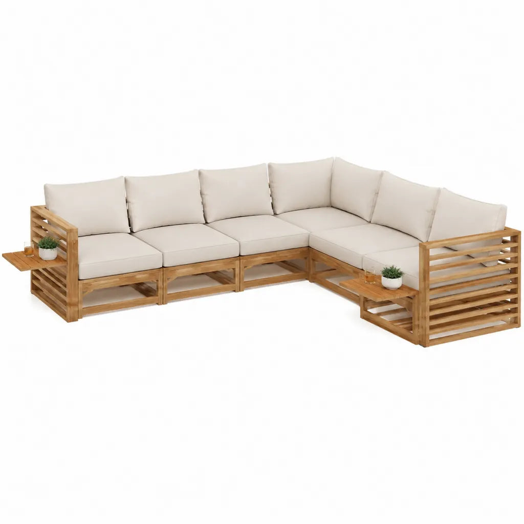 Gartenlounge Ecksofa Set aus Akazienholz mit Polyesterpolstern Beige 280 x 220 x 70 cm
