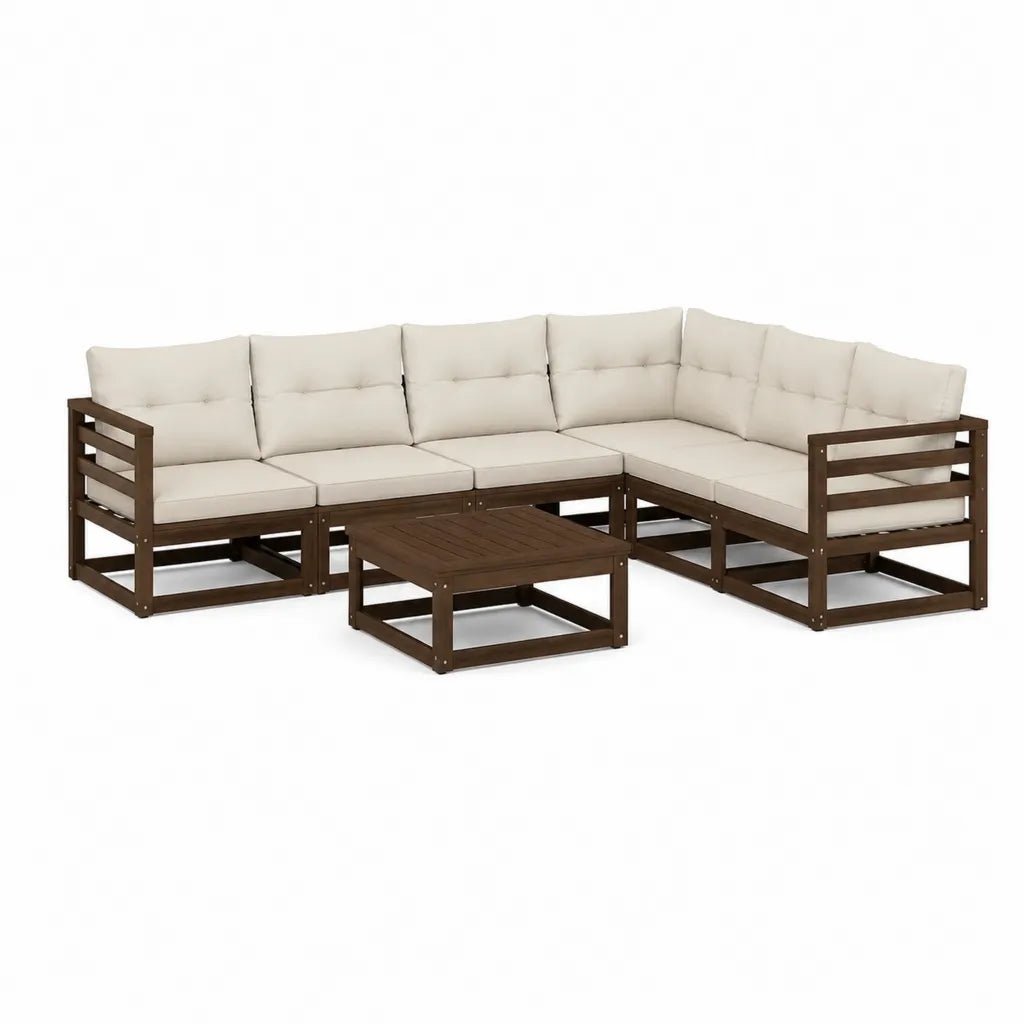 6-teiliges Gartenlounge-Set Ecksofa mit Couchtisch aus massivem Akazienholz cremefarben 210 x 140 x 60 cm