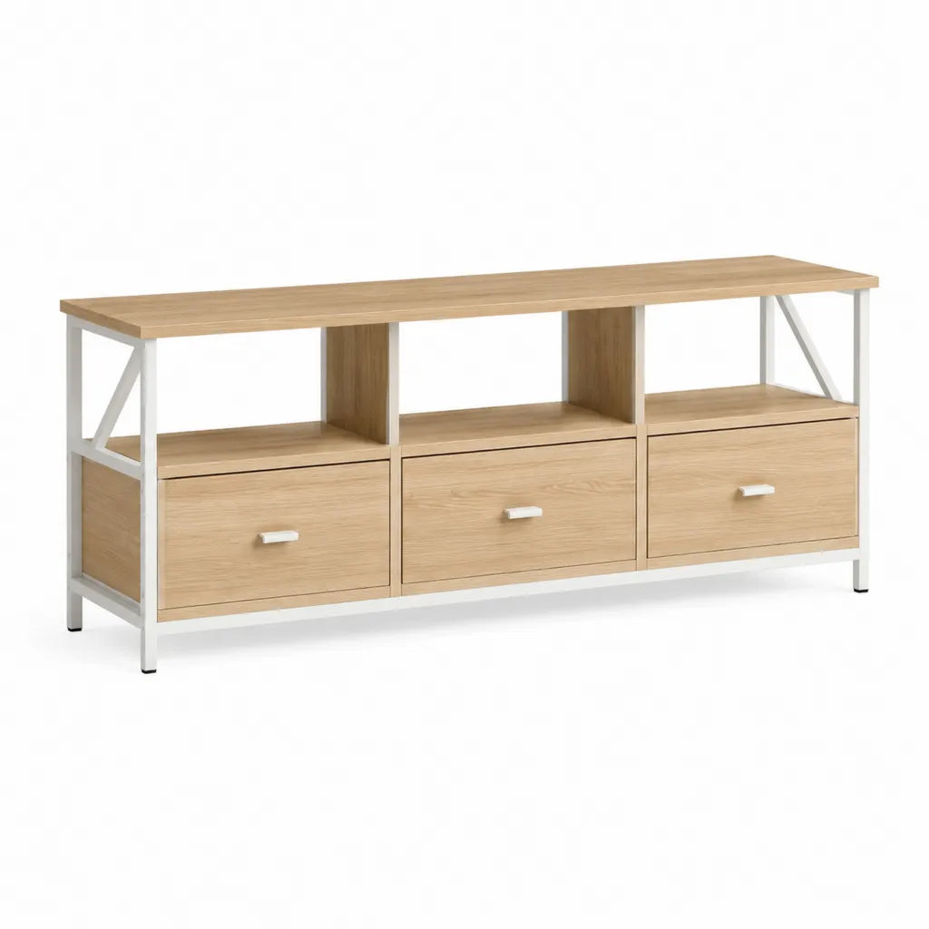TV-Lowboard mit 3 Schubladen und 2 offenen Fächern 160 x 40 x 65 cm Spanplatte mit Melaminharzbeschichtung rechteckig Eiche Natur Weiß