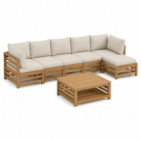 5-teiliges Gartensofa Set in L-Form aus Akazienholz Natur mit cremefarbenen Polyesterkissen 280 x 210 x 65 cm
