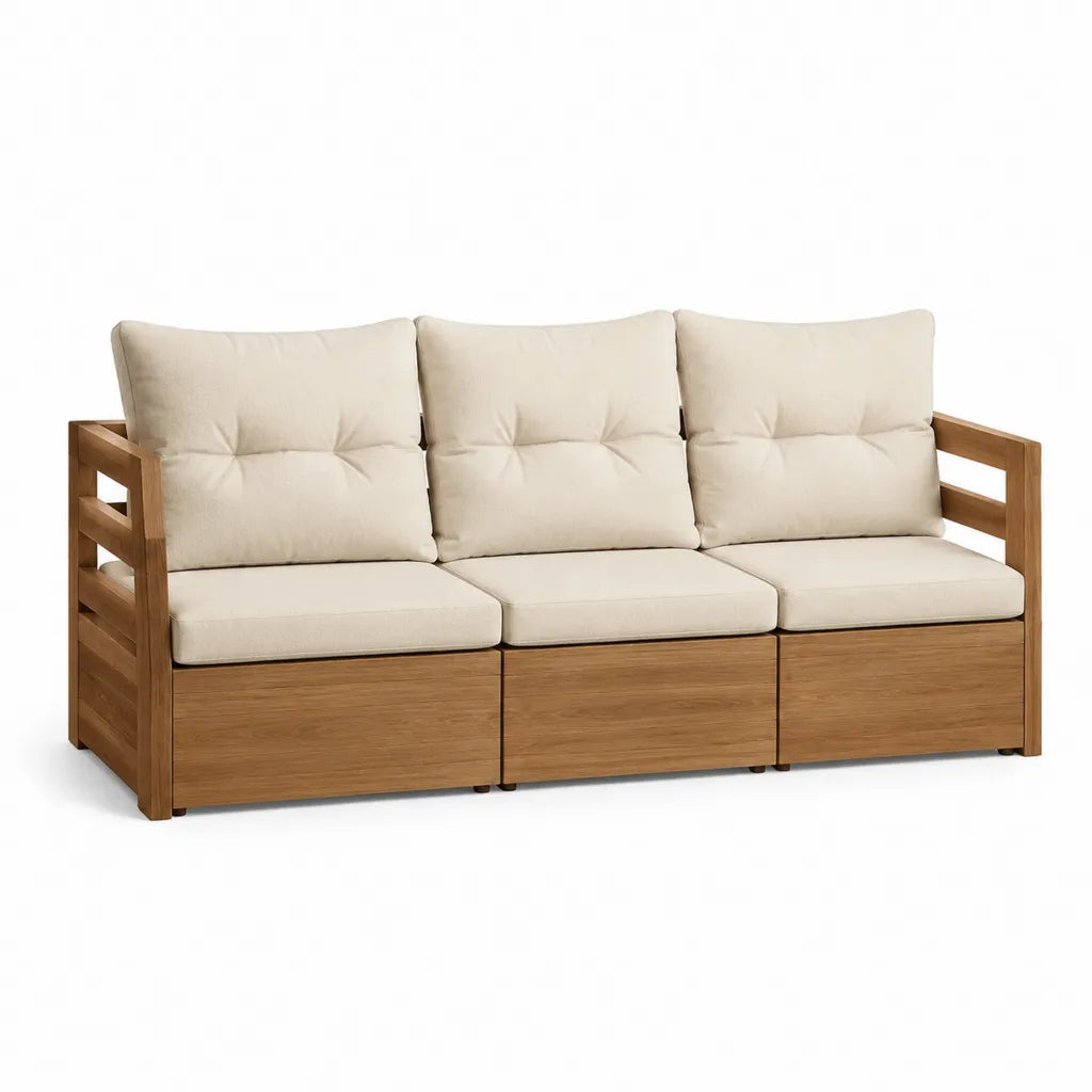 3-teiliges Gartensofa 3-Sitzer aus Akazien-Massivholz rechteckig Natur Creme 210 x 70 x 70 cm