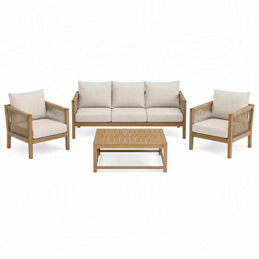 4-teiliges Gartensofa Set mit 3-Sitzer Sofa 2 Sesseln und Couchtisch aus Akazien-Massivholz mit Polyesterkordel und beigen Polstern 190 x 76 x 76 cm