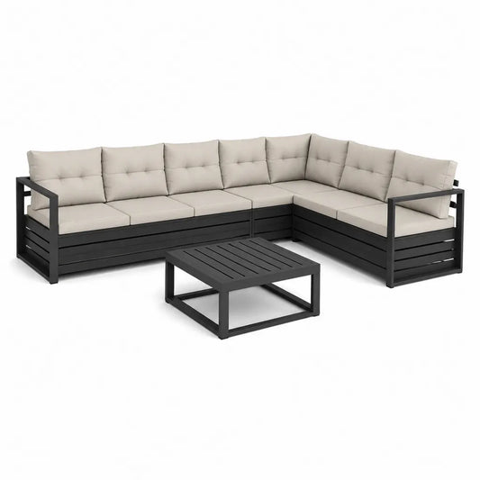 Gartenlounge Set Ecksofa L-Form mit Couchtisch 217 x 217 x 65 cm Aluminium Polyester Beige Schwarz Tisch 70 x 70 x 35 cm