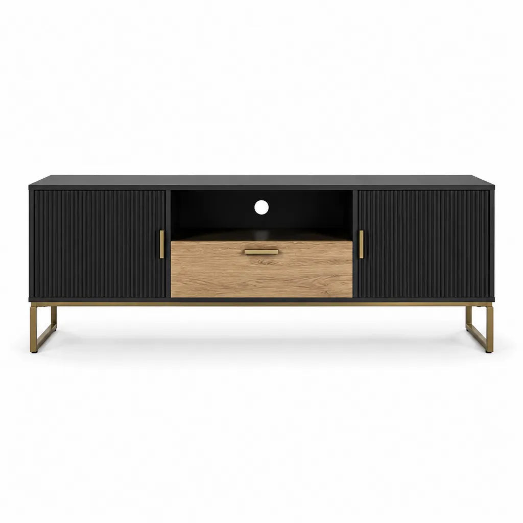 TV-Lowboard mit 2 Türen und Schublade 160 x 40 x 55 cm MDF Stahl rechteckig Schwarz Eiche
