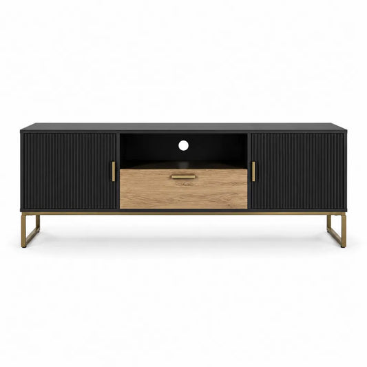 TV-Lowboard mit 2 Türen und Schublade 160 x 40 x 55 cm MDF Stahl rechteckig Schwarz Eiche