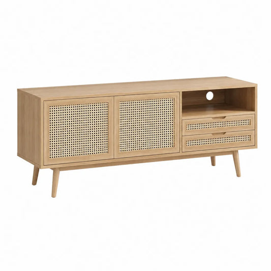 TV Lowboard 160 x 40 x 60 cm rechteckig aus MDF mit Eichenholzdekor und Rattangeflecht Natur