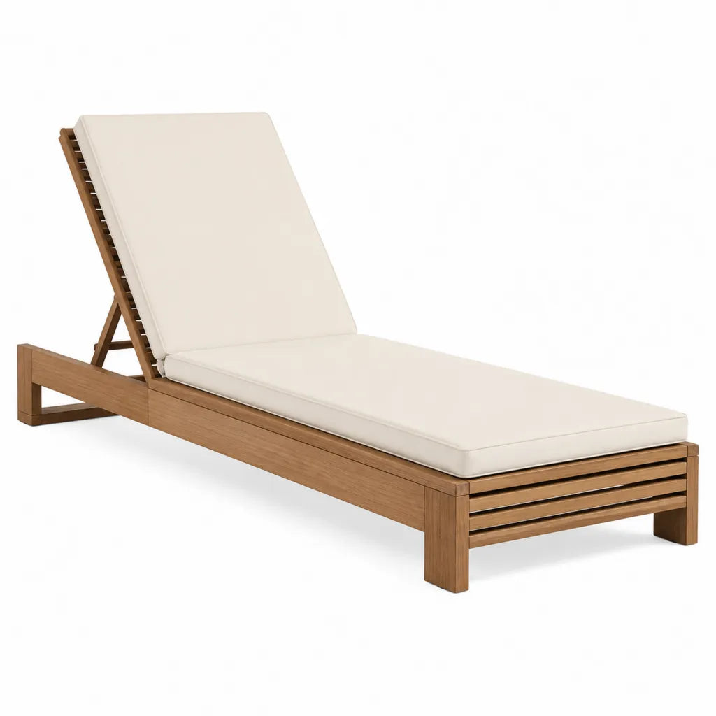 Gartenliege mit verstellbarer Rückenlehne aus massivem Teakholz mit Polyesterpolster in Braun Beige 200 x 65 x 30 cm