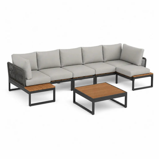 Gartenlounge Set 5-teilig L-Form mit Couchtisch aus Stahl und Akazienholz Grau Schwarz 290 x 215 cm