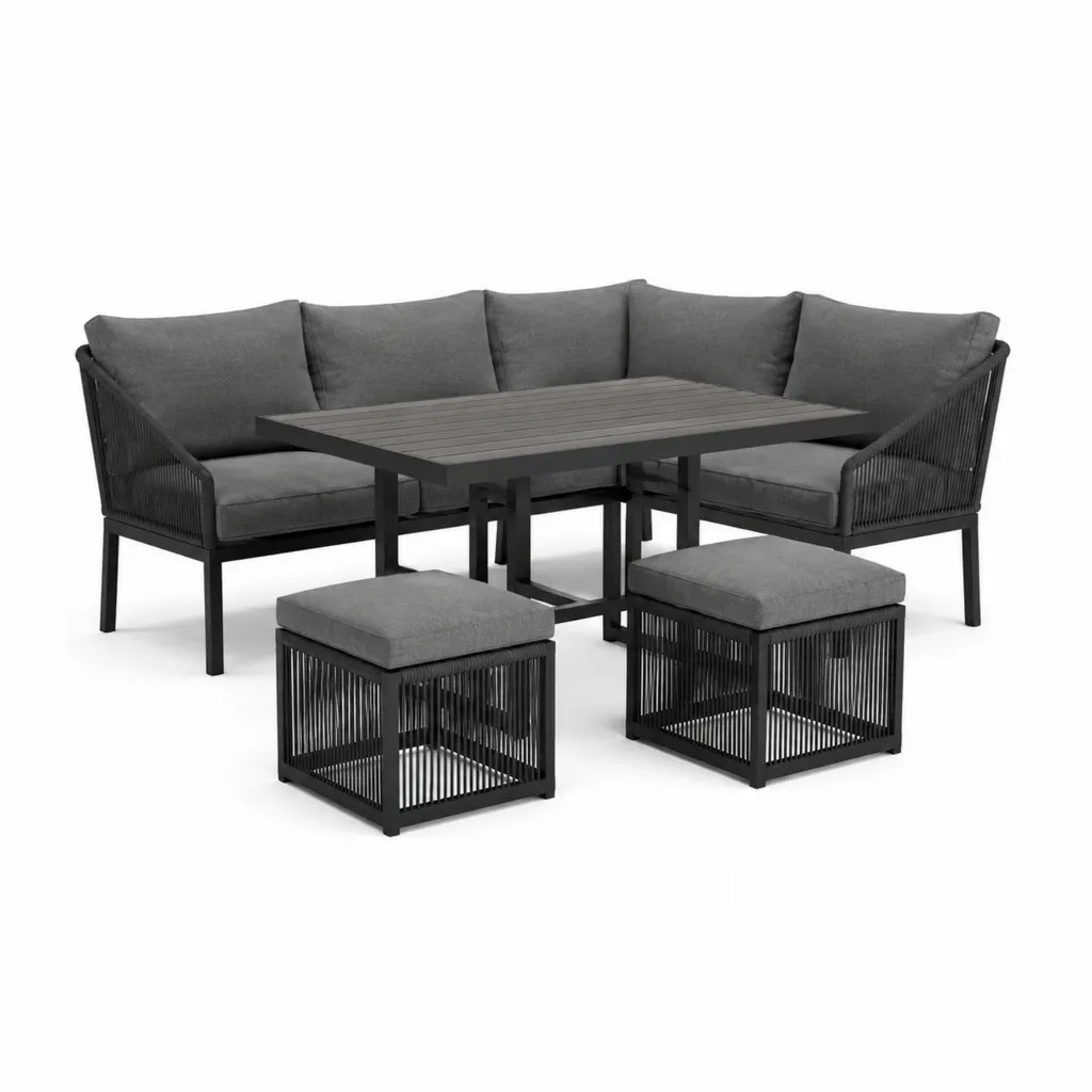 Gartenmöbel Lounge-Set Ecksofa L-Form 230 x 230 cm aus Stahl und PP Schwarz Anthrazit mit Tisch 120 x 70 x 65 cm und 2 Hockern