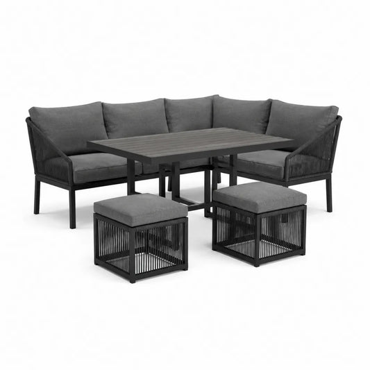 Gartenmöbel Lounge-Set Ecksofa L-Form 230 x 230 cm aus Stahl und PP Schwarz Anthrazit mit Tisch 120 x 70 x 65 cm und 2 Hockern