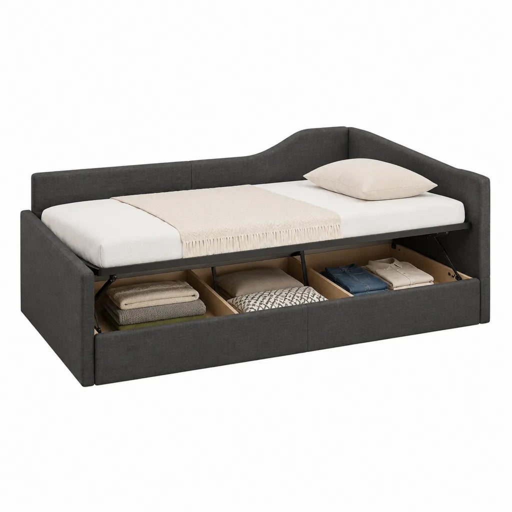 Polsterbett Stauraumbett mit Gasdruckfeder 90 x 200 cm Polyester Dunkelgrau