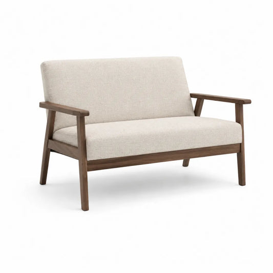 2-Sitzer Sofa mit Armlehnen aus Gummibaum-Massivholz und Polyester in Beige Braun 120 x 75 x 80 cm