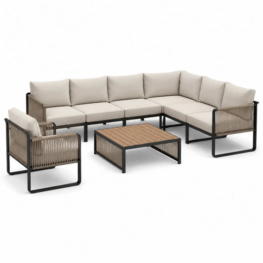 Gartenlounge Set 5-teilig mit Ecksofa Sessel und Couchtisch Stahl Polyester WPC Schwarz Beige Ecksofa 240 x 180 x 70 cm Sessel 75 x 75 x 70 cm Tisch 100 x 60 x 42 cm