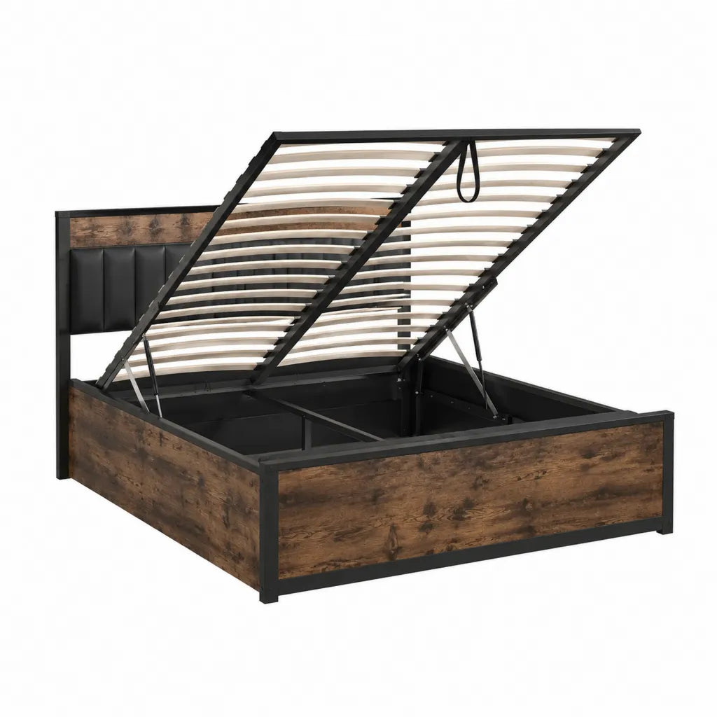 Stauraumbett 160 x 200 cm mit Gasdruckfeder Lattenrost und gepolstertem Kopfteil Schwarz Braun