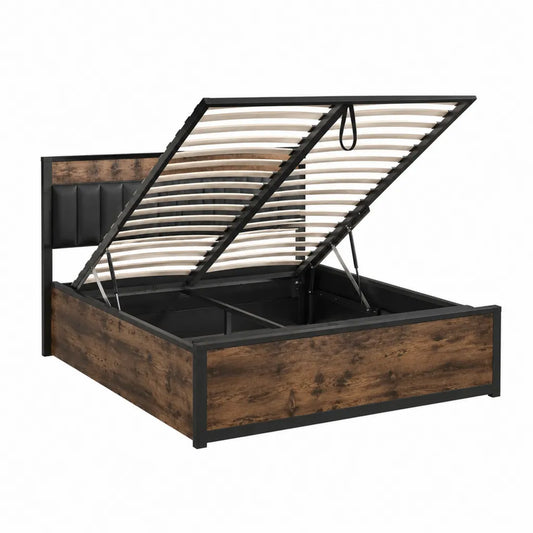 Stauraumbett 160 x 200 cm mit Gasdruckfeder Lattenrost und gepolstertem Kopfteil Schwarz Braun