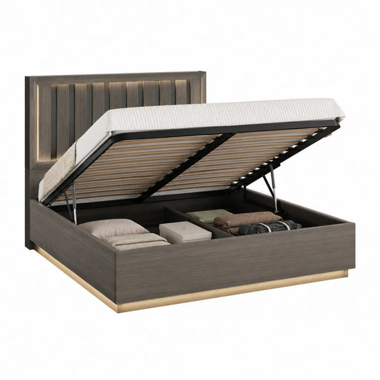 Stauraumbett mit hochklappbarem Lattenrost 180 x 200 cm aus MDF und Spanplatte rechteckig graphitgrau gold