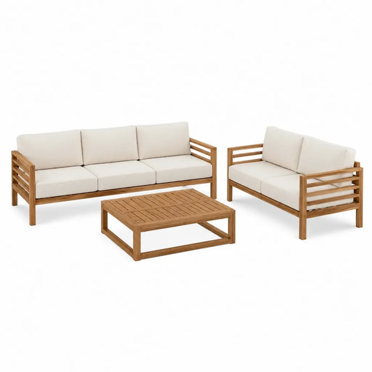 Gartenlounge Set aus Akazienholz mit 3-Sitzer 2-Sitzer und Couchtisch Natur Beige 187 x 70 x 76 cm