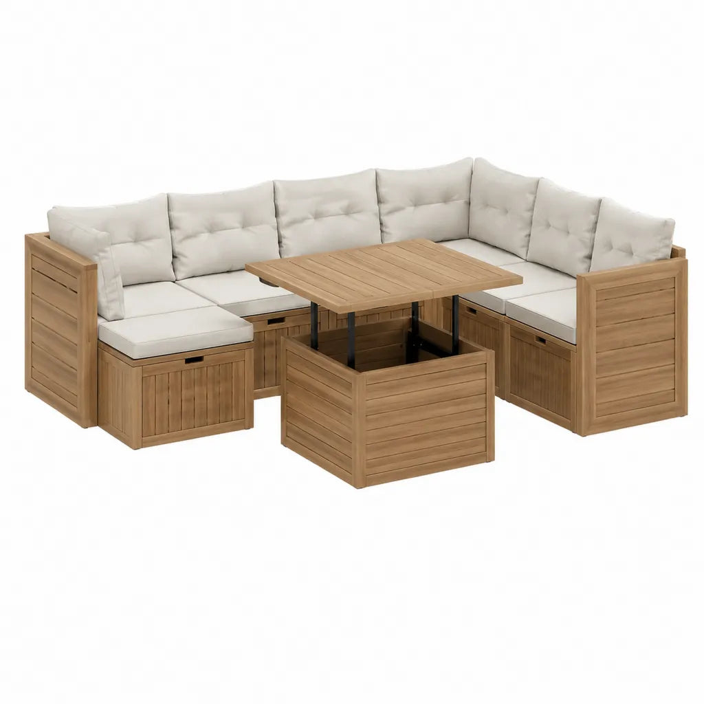 Gartensofa Set 3-teilig aus massivem Akazienholz L-Form Natur Beige 220 x 220 x 78 cm