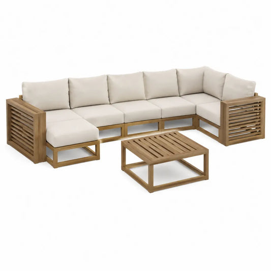 Gartenlounge Set 6-teilig L-Form aus massivem Akazienholz Creme 350 x 140 x 60 cm mit Tisch 68 x 68 x 29 cm