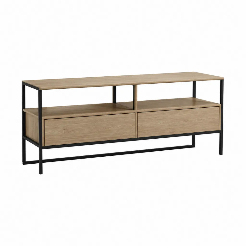 TV-Lowboard 160 x 40 x 75 cm mit 2 Schubladen und 2 offenen Fächern Spanplatte Eichenoptik Schwarz