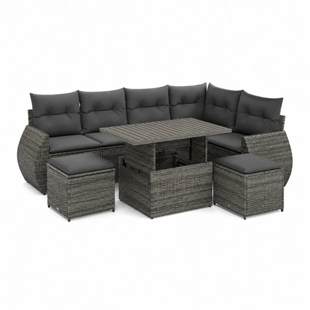 Gartenlounge Set L-förmig aus PE-Rattan Grau mit 5-Sitzer Ecksofa Hubtisch und 2 Hockern 225 x 175 cm
