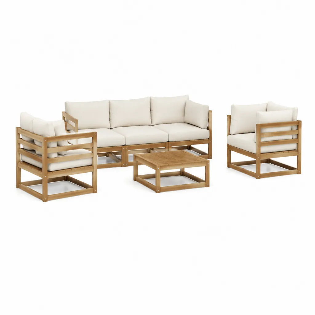 4-teiliges Gartenlounge-Set aus Akazien-Massivholz in Natur und Cremeweiß mit 3-Sitzer 2 Sesseln und Tisch 200 x 75 x 70 cm