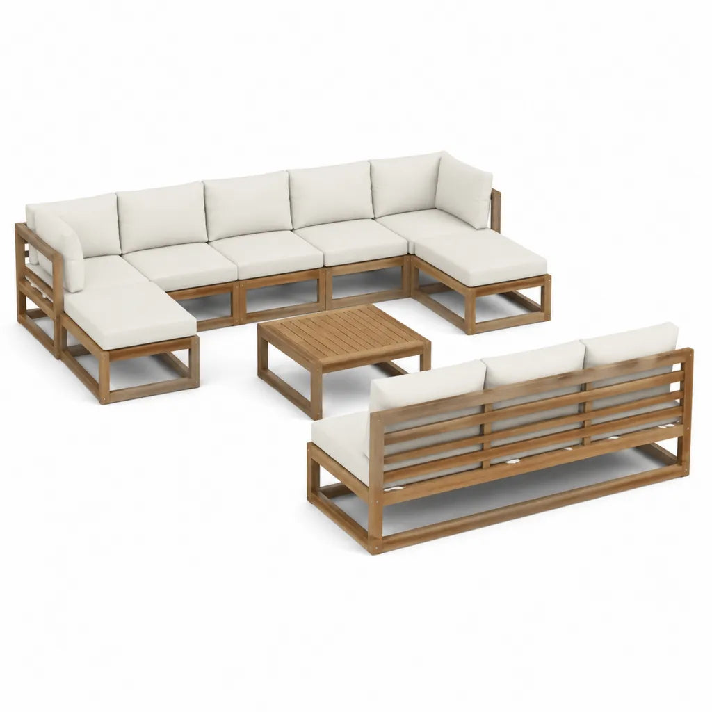 Gartenlounge-Set 7-teilig aus Akazien-Massivholz L-Form naturbraun cremefarben 350 x 210 x 68 cm