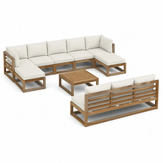 Gartenlounge-Set 7-teilig aus Akazien-Massivholz L-Form naturbraun cremefarben 350 x 210 x 68 cm