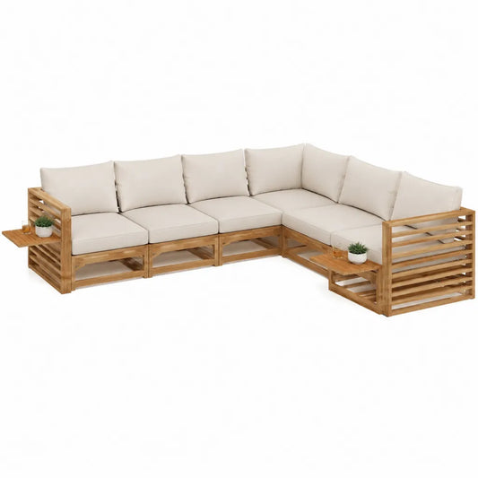 Gartenlounge Ecksofa Set aus Akazienholz mit Polyesterpolstern Beige 280 x 220 x 70 cm