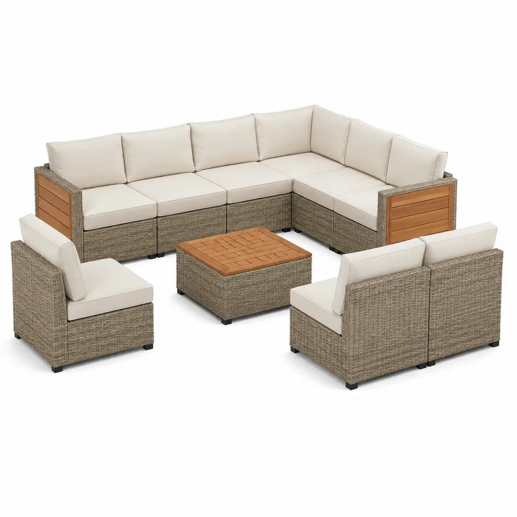 Gartenlounge-Set L-Form mit Couchtisch Polyrattan Akazienholz Naturbraun Beige 250 x 210 x 65 cm