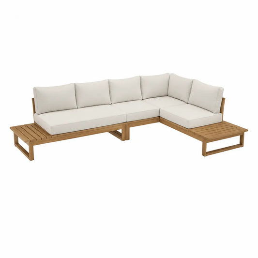 Gartensofa Ecksofa 5-Sitzer aus Akazien-Massivholz mit Polyesterpolstern Natur Cremeweiß 280 x 210 x 72 cm