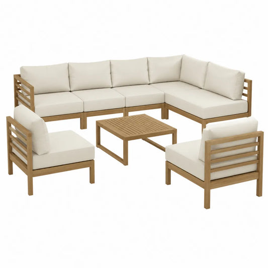 Gartenlounge Set 5-teilig Ecksofa in L-Form mit Couchtisch Akazienholz Polyester Natur Cremeweiß 205 x 205 x 65 cm