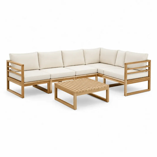 Gartenlounge Ecksofa Set aus Akazienholz mit Kissen in Natur Creme 250 x 190 x 70 cm